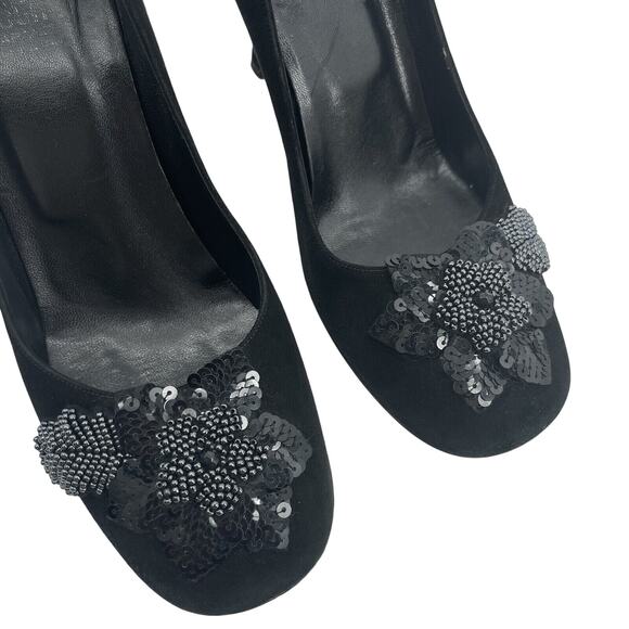 MOSCHINO Size 6.5 Suede Sequin High Heels Slip On Round Toe Vintage Beaded - Picture 3 of 9